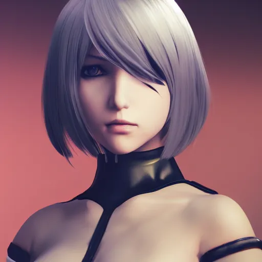 Image similar to 2B Nier automata, portrait, 4k, realistic, unreal engine render, trending in artstation, artstationHD, artstationHQ