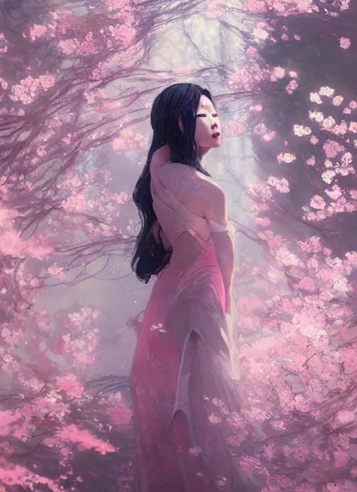 Image similar to lee jin - eun wearing luxurious dress emerging from pink water with cyberpunk theme by greg rutkowski, claude monet, conrad roset, takato yomamoto, rule of thirds, seductive look, beautiful, sakura flowers, dreamy,