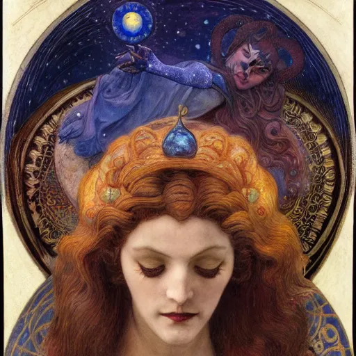 Image similar to queen of the moon with stars in her hair, by annie swynnerton and donato giancola and diego rivera and nicholas roerich and jean delville and charlie bowater and dulac, dramatic lighting, god rays, geometric tattoos, rich colors, smooth sharp focus, extremely detailed, leo and diane dillon, adolf wolfli