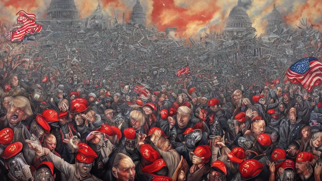 Prompt: a surreal painting by “ chris mars ” of a closeup view of the january 6 capitol riot led by “ donald trump ”. rioters are furious and are wearing red maga hats. highly - detailed contemporary artwork.