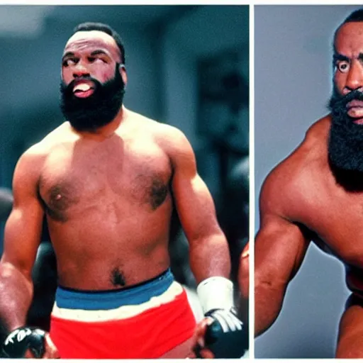 Image similar to mr. t in the ufc octagon against joe biden, detailed facial expressions, 1 9 8 0 s aesthetic