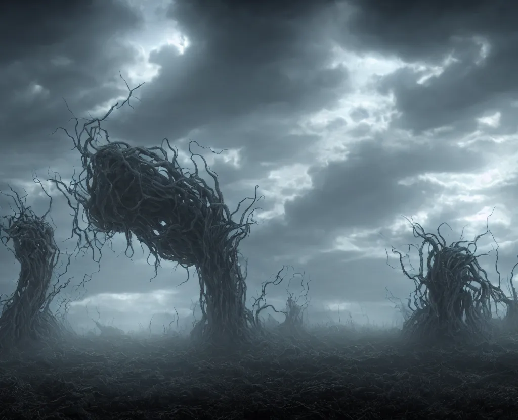 Image similar to the tendrils of a dormant god extending up into the sky, volumetric lighting, unreal engine 5, harrowing apocalyptic atmosphere, photorealistic, unnerving, hyperdetailed 3d matte painting, hyperrealism, hyperrealistic, cinematic masterpiece, fantasy horror style 8k ultrahd octane render