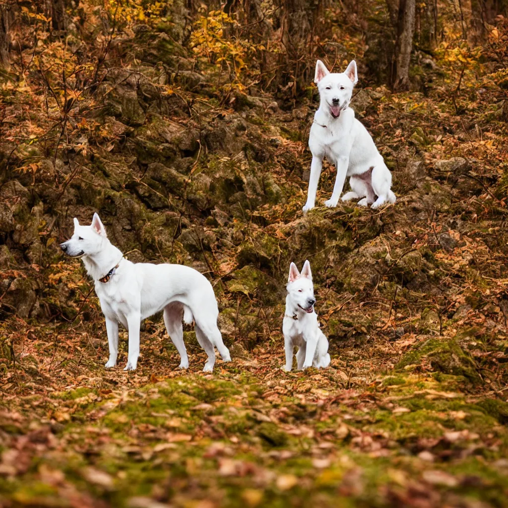 Prompt: one white laika dog, autumn, foggy old forest, very detailed, 4 k, professional photography