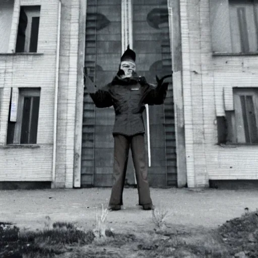 Image similar to an alien standing in front of a soviet apartment complex, eikon, khruschevka