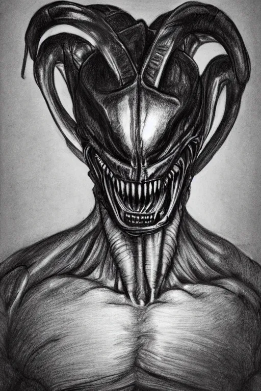 Prompt: a realistic drawing of a angry xenomorph, portrait, rembrandt