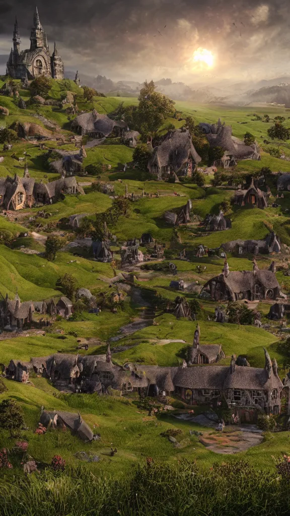 Image similar to a beautiful wide shot of hobbiton, middle earth, alan lee, fromsoftware, elden ring, dark souls, bloodborne, dark fantasy, realistic, highly detailed, 8 k, volumetric lighting, sinister lighting, detailed terrain, concept art, matte painting