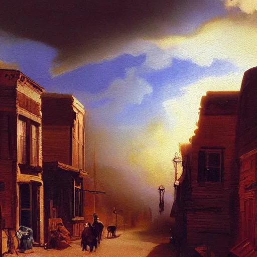 Image similar to oil painting of american old west town, dusty street, sunrays, dramatic, very very very beautiful art, romanticism by goya