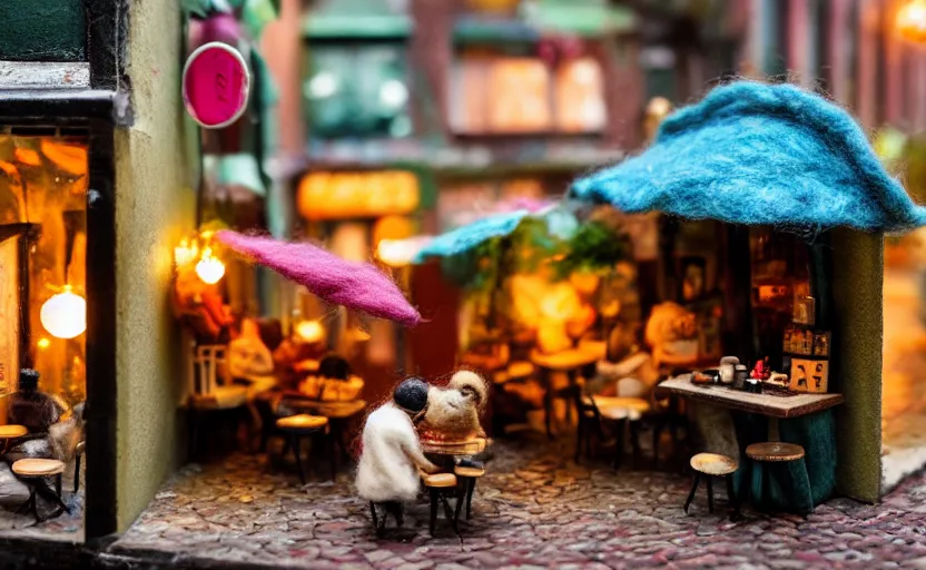 Prompt: miniature cafe diorama, macro photography, cafe with felted cookie monsters on a date, alleyway, ambient, atmospheric, british, cozy, bokeh, romantic, colorful lanterns