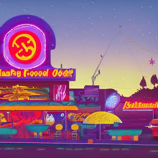 Prompt: psychedelic fast food restaurant near the beach by simon stalenhag