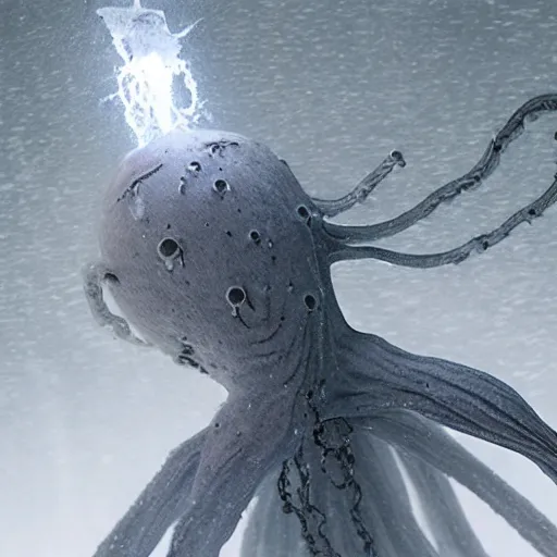 Prompt: an ethereal ghostly wraith like figure with a squid like parasite latched onto its head and long tentacle arms that flow lazily but gracefully at its sides like a cloak while it floats around a frozen rocky tundra in the snow searching for lost souls and that hides amongst the shadows in the trees, this character has hydrokinesis and electrokinesis as a real muppet by sesame street, photo realistic, photography, sesame street