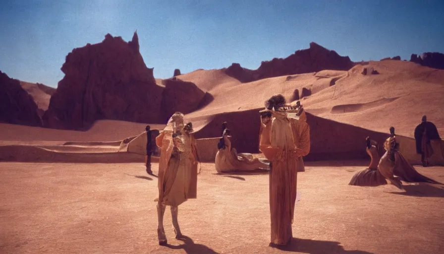 Prompt: movie still by alejandro jodorowsky of a opera company playing in the desert with a stage decoration, cinestill 8 0 0 t eastmancolor technicolor, high quality, very detailed, heavy grain, fine facial features, 8 k, octane render