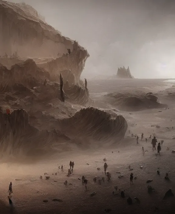 Prompt: surreal epic, masterpiece, romantic soct white exploration base, ancient ochre palette, impossible architecture by ruan jia, mecha floor, futuristic, blame, white architecture in the beach in iceland, foggy, highly detailed, digital painting, arstation, concept art, hyperealistic octane render, unreal engine