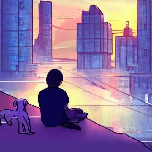 Prompt: a dog and a child sitting and looking at the sunset in a cyberpunk city, digital art by the rusted pixel