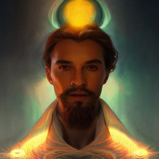 Image similar to bioluminescence portrait of a male wizard of the sun, D&D, fantasy, elegant, pale, highly dvetailed, digital painting, artstation, concept art, smooth, sharp focus, illustration, art by artgerm and greg rutkowski and alphonse mucha
