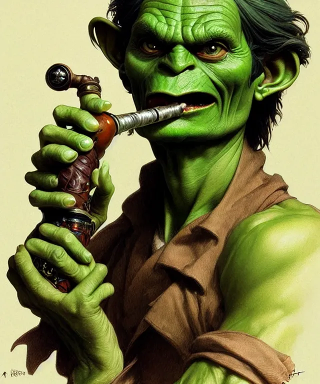 Image similar to a green-skinned goblin smoking a pipe, portrait, intricate, elegant, highly detailed, smooth, sharp focus, art by artgerm and greg rutkowski and alphonse mucha