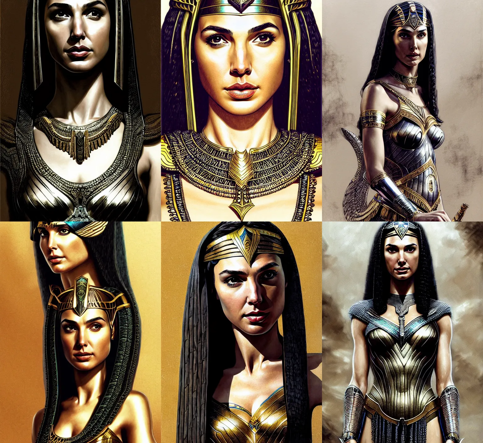 Prompt: portrait of gal gadot as cleopatra!, intricate, elegant, highly detailed, glamor pose, concept art, smooth, sharp focus, promotional image, pen and ink, intricate line drawings, by craig mullins, ruan jia, kentaro miura, greg rutkowski