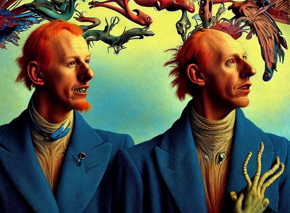 Image similar to realistic detailed portrait movie shot of a birdman wearing a dark blazer, sci fi landscape background by denis villeneuve, amano, yves tanguy, alphonse mucha, ernst haeckel, max ernst, roger dean, masterpiece, rich cold moody colours, dog teeth, blue eyes