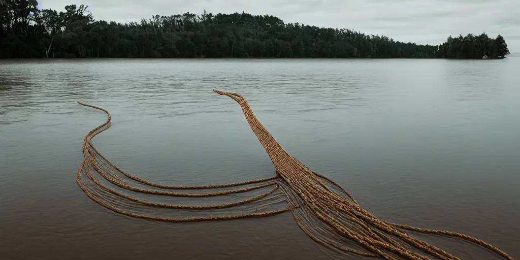 Prompt: centered photograph of a single line of brown thick long rope floating on the surface stretching out to the center of the lake, a dark lake sandy shore on a cloudy day, color film, trees in the background, hyper - detailed photo, anamorphic lens