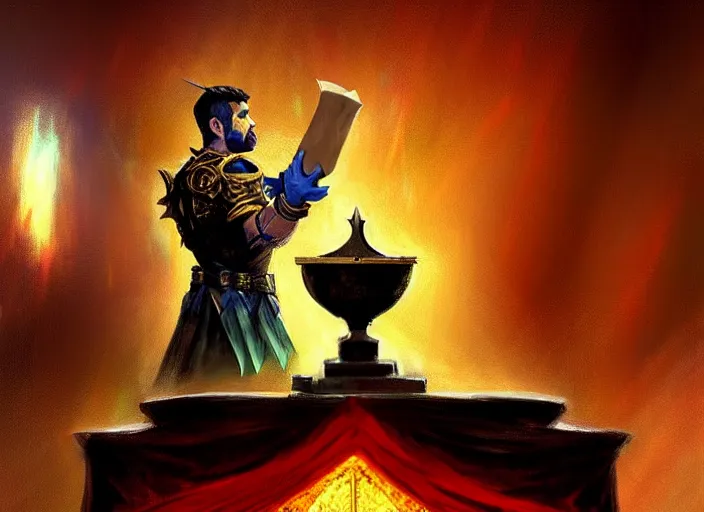 Image similar to magic : the gathering fantasy concept art of a piece of toast giving a speech at a podium, by marco bucci and frank frazetta, high resolution. a clear portrait of a regal piece of toast wearing royal clothing, giving a speech, podium, fantasy coloring, intricate, digital painting, artstation, smooth, sharp focus