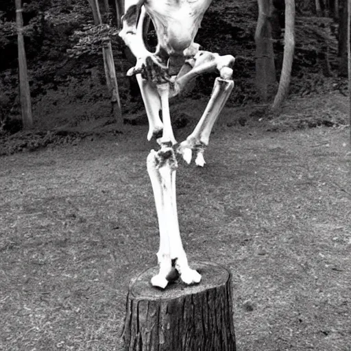 Prompt: bone man dancing on a stump, old photo