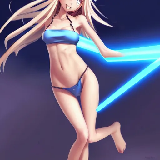 Image similar to a very beautiful young anime jedi girl, full body, long wavy blond hair, sky blue eyes, full round face, evil grin, bikini, miniskirt, front view, mid - shot, highly detailed, cinematic wallpaper by stanley artgerm lau