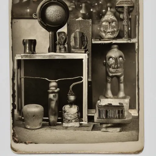Image similar to Tintype photograph of objects displayed in an ethnographic museum, primitive display, anthropology of wonder, exotic meaning, in the style of Marcel Duchamp, found objects, ready-made, 1920s studio lighting.