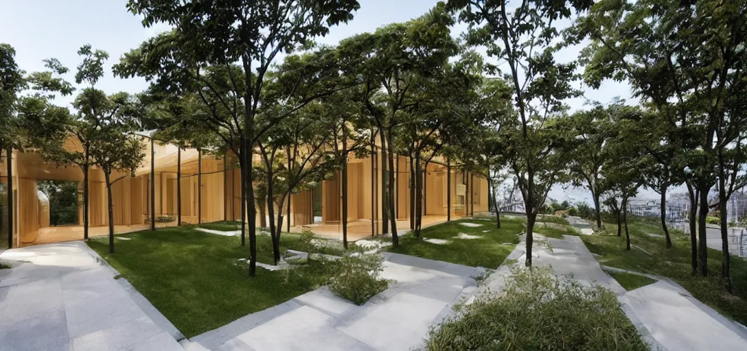 Prompt: single - family house designed by renzo piano. landscape design by kongjian yu.