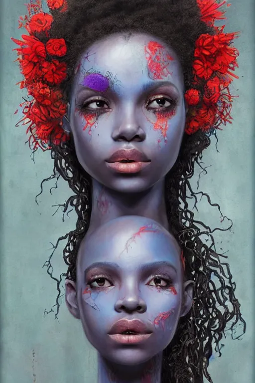 Image similar to portrait of beautiful young maiden, warhammer, afro style, more and more cyberpunk, a lot of more scars, more and more flowers, blue head, some red water, the middle ages, highly detailed, artstation, illustration, artgerm sylvari portrait, 8 k quality, art by alfred kubin