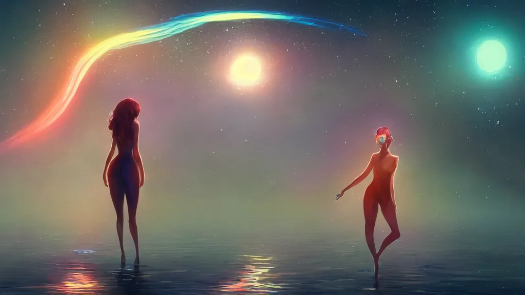 Prompt: a beautiful whimsical woman standing in a lake basking in the moonlight, underneath a multi-colored binary blackhole with an accretion disc, glowing trails following her arm, by Lois van Baarle, by Greg Rutkowski, by artgerm, by beeple, by studio ghibli, rule of thirds, cinematic angle, volumetric lighting, 4k resolution, octane render, trending on artstation, masterpiece