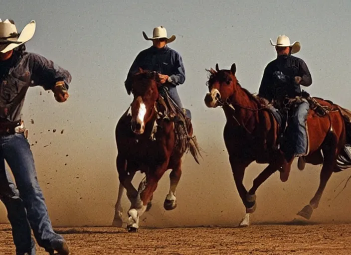 Image similar to a cowboy horse chase vigilantes with face masks disguise, shoot out, exploding horse wide shot, from the hit 1 9 9 0 s tv show on tnt