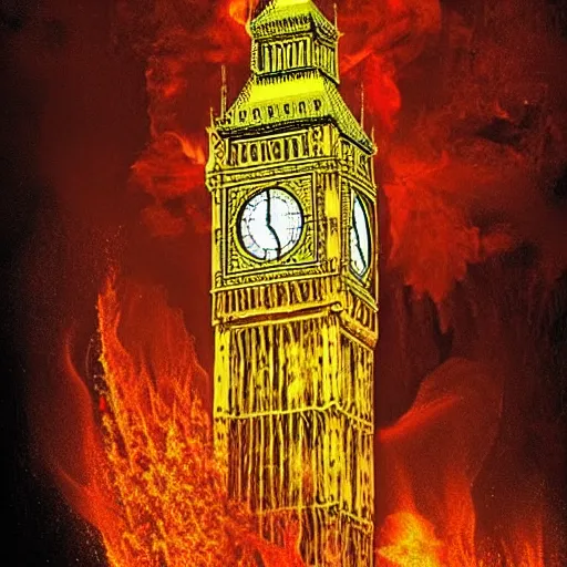 Prompt: the big ben of london is on fire and lava is pouring out of the clock, realism, realistic, hdr,