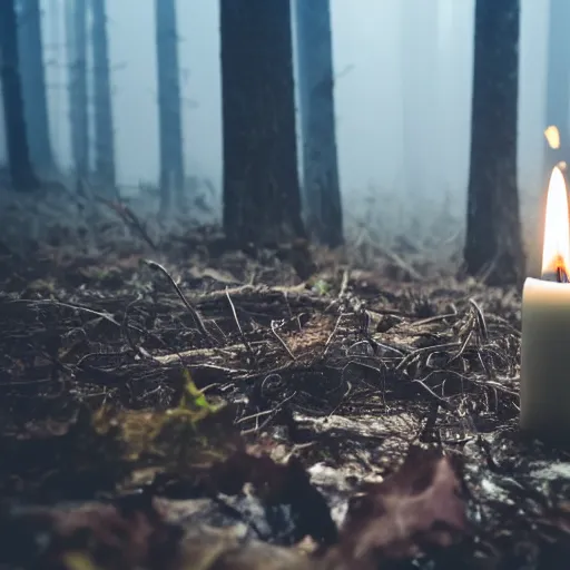 Image similar to a candle burns in a foggy forest, depth of field, spooky