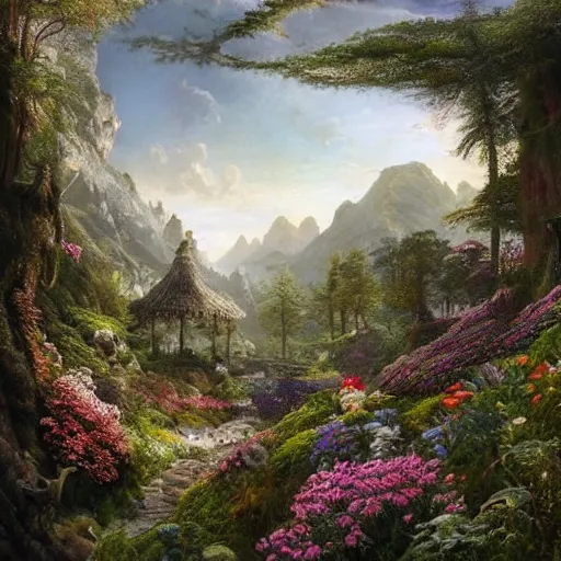 Prompt: a beautiful and highly detailed matte painting of a fantasy floral garden in a fantastic forest in the lush valley high in the most epic mountains ever, intricate details, epic scale, insanely complex, 8 k, sharp focus, hyperrealism, very realistic, by caspar friedrich, greg rutowski, james gurney