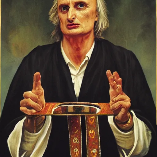 Image similar to portrait of Richard Dawkins as High Priest of the Satanic Arts, by Robert G. Harris