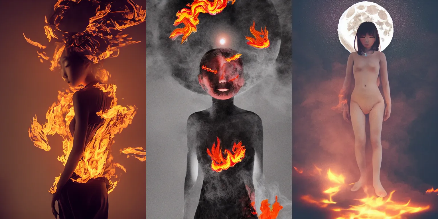 Prompt: Japanese girl made of smoke and flames in front of a full moon, inspired by a Japanese magazine, 4k