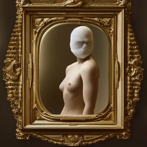 Image similar to an all white human, with no facial features, like a white skin tight mask pulled over their face merges into their body, full body laying in a blood red pool of water between a golden mirror frame, outside is space and inside the mirror frame is a beautiful landscape., physically accurate, dynamic lighting, intricate, elegant, highly detailed, very very Roberto Ferri, sharp focus, illustration, art