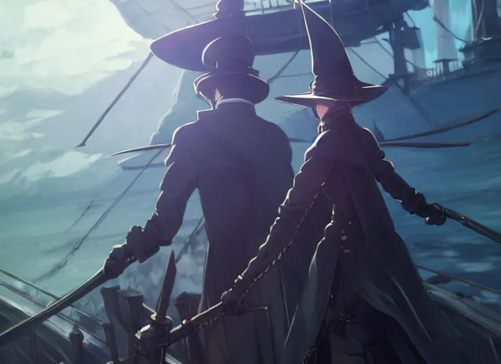 Image similar to lady maria, helm of second world war warship in background, illustration concept art anime key visual trending pixiv fanbox by wlop and greg rutkowski and makoto shinkai and studio ghibli and kyoto animation, astral witch clothes, steampunk, grimdark, volumetric lighting