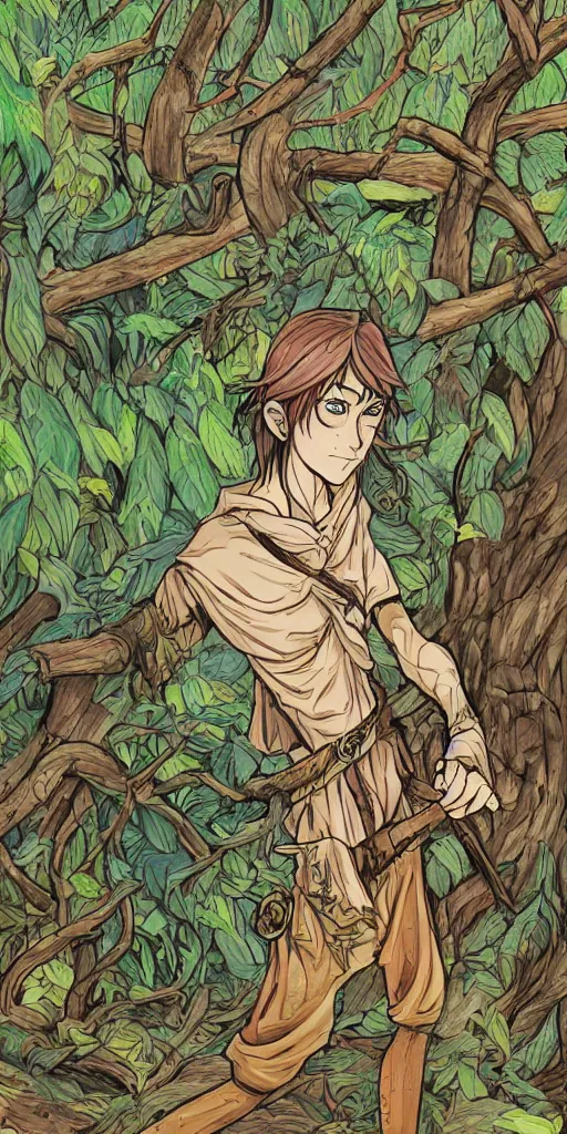 Image similar to an wood elf boy on the mountain side, anime style, tarot card, Tarot card the fool, fine line work, psychedelic, full color, earth tones