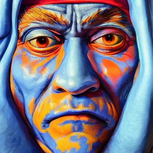 Prompt: intricate five star papa smurf monster portrait by pablo picasso, oil on canvas, hdr, high detail, photo realistic, hyperrealism, matte finish, high contrast, 3 d depth, centered, masterpiece, vivid and vibrant colors, enhanced light effect, enhanced eye detail, artstationhd