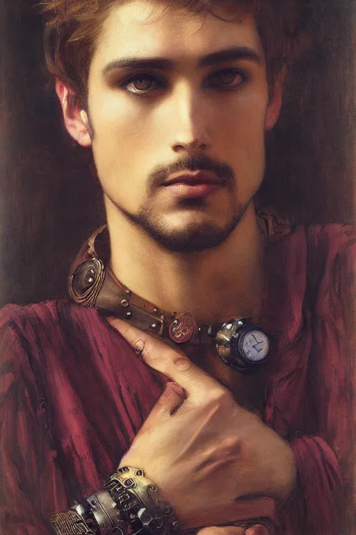 Image similar to attractive male, steampunk, cool tint, orientalist intricate portrait by john william waterhouse and edwin longsden long and theodore ralli and nasreddine dinet, hyper realism, dramatic lighting