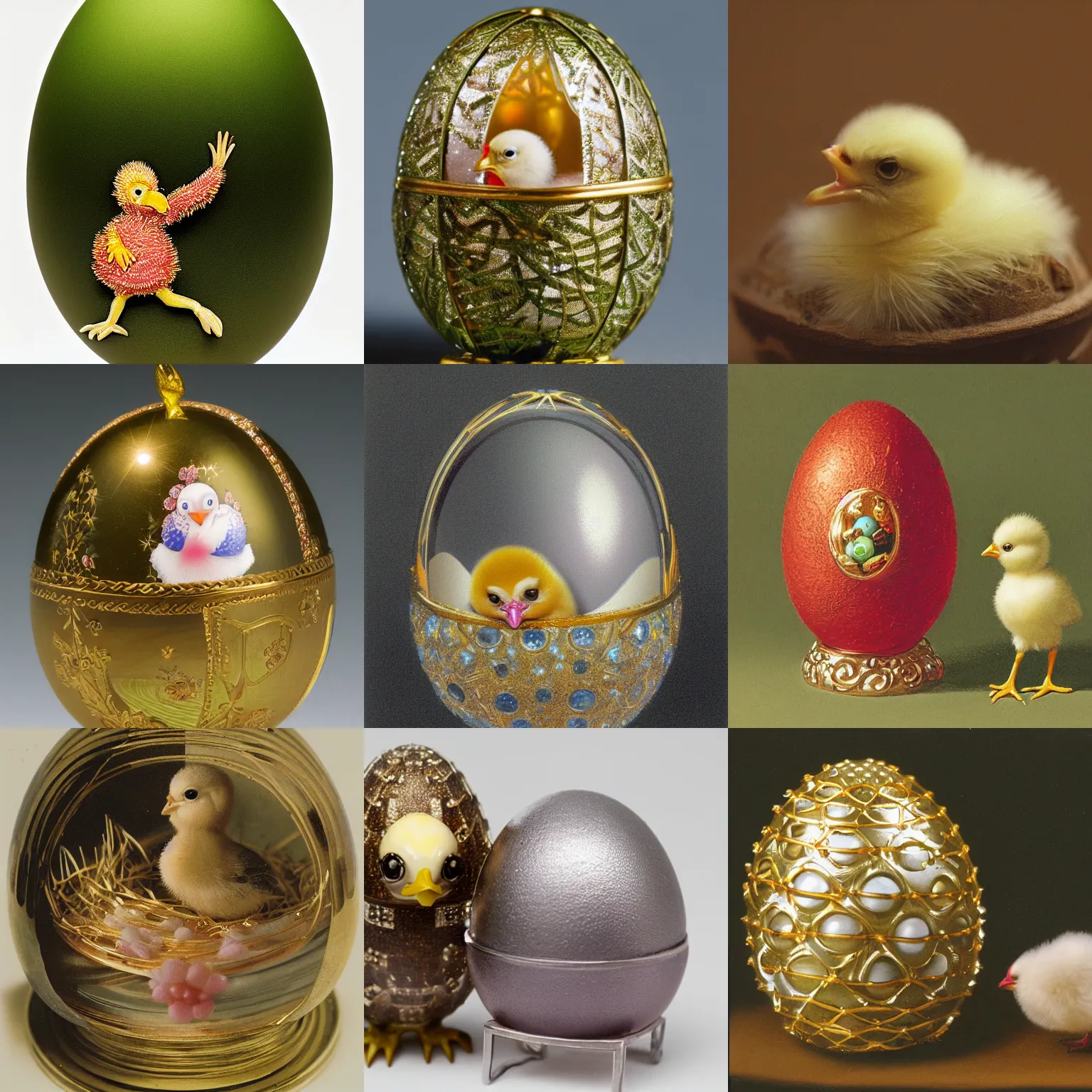 Prompt: A chick hatching from a Fabergé egg