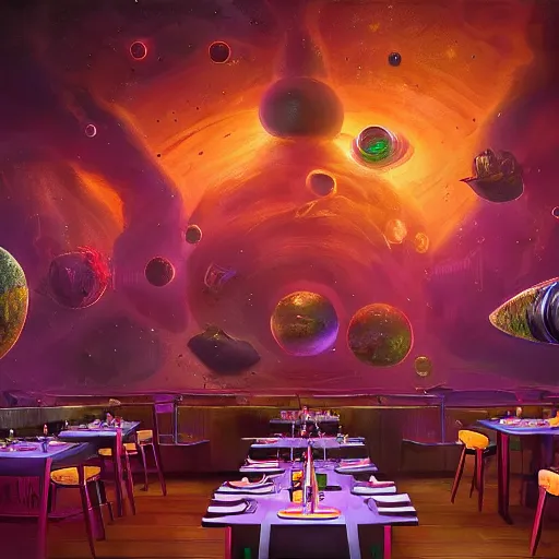 Image similar to The restaurant at the end of the universe, fantasy, vivid colors, elegant, concept art, sharp focus, digital art, Hyper-realistic, 4K, Unreal Engine, Highly Detailed, HD, Dramatic Lighting by Brom, trending on Artstation