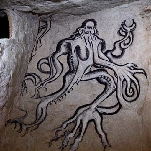 Prompt: an gigantic ancient cave drawing showing Cthulhu