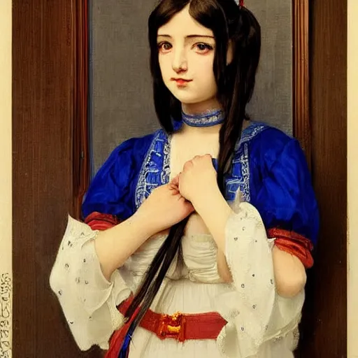 Image similar to maid! cosplay, symmetric beautiful face, orientalism portrait of a cute young woman with twin tails by Edwin Longsden Long and Theodore Ralli and Nasreddine Dinet and Adam Styk masterful intricate artwork