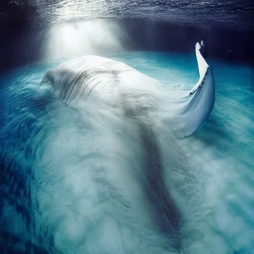 Prompt: underwater photo by national geographic and mort kunstler and annie leibovitz and monia merlo, a stunning blue whale completely covered in a long billowing flowing white sheet swimming through the ocean, backlit, 4 d, 4 k, volumetric lighting, photorealistic, light ray, hyperdetailed