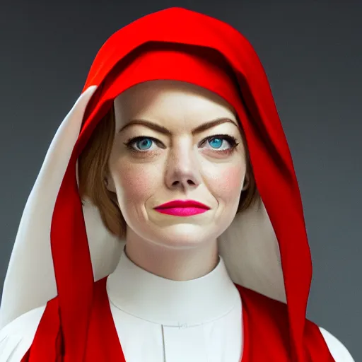 Prompt: A full body shot of Emma Stone dressed as a nun , catholic , high quality, fully detailed, 4k, inspired by handmaid's tale, her beautiful eyes are fully detailed and in focus