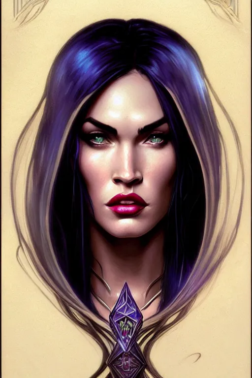 Image similar to portrait of megan fox as liliana vess, magic the gathering, intricate, headshot, highly detailed, digital painting, artstation, concept art, sharp focus, cinematic lighting, illustration, art by artgerm and greg rutkowski, alphonse mucha, cgsociety