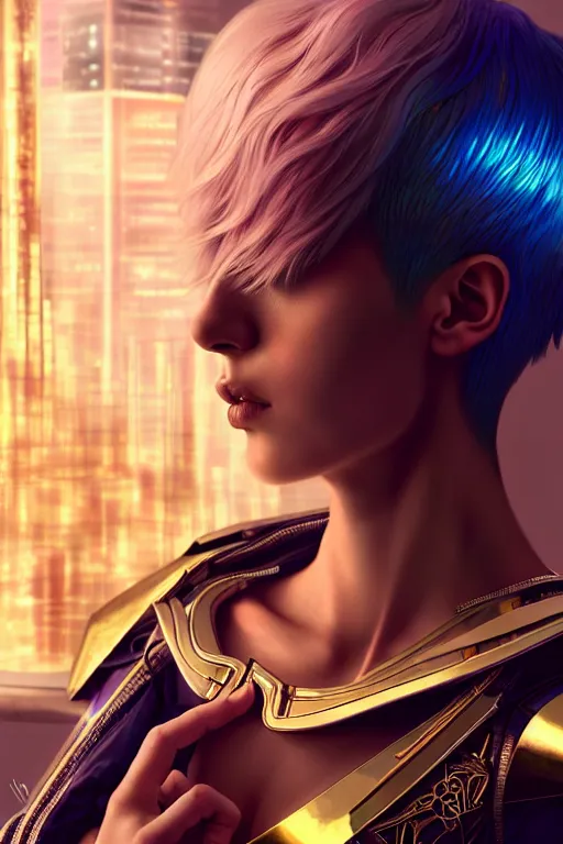 Image similar to hyperdetailed wide shot of one stunningly beautiful european girl with very short hair androgynous guard made of iridescent metals, in the cybercity inspired by ross tran and wlop and masamune shirow and kuvshinov, concept art, intricate, photorealistic, octane render, rtx, hdr, unreal engine, dnd digital art by artgerm