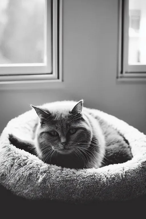 Image similar to “ fluffy grey cat lying on cat bed turning head to look out the window, lying on cat tree, cozy living room, warm, cotton, dramatic lighting, extremely high quality, leica m - a, lux 3 5 fle, portra 8 0 0 ”