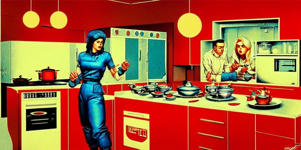 Image similar to soviet retro - futuristic kitchen by drew struzan